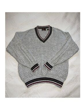 Gray V-Neck Striped-Trim Sweater